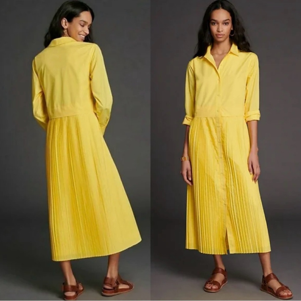 Anthropologie Sunny Yellow Pleated Shirt Midi Dress